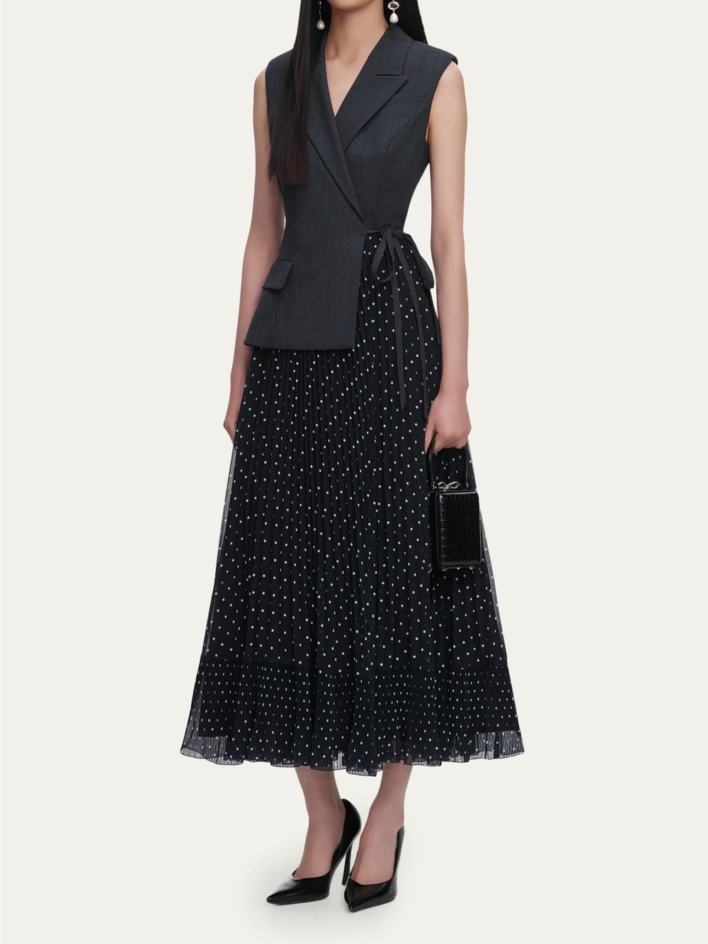 NWOT Self-Portrait GREY TAILORED POLKA DOT MIDI DRESS - Picture 6 of 9